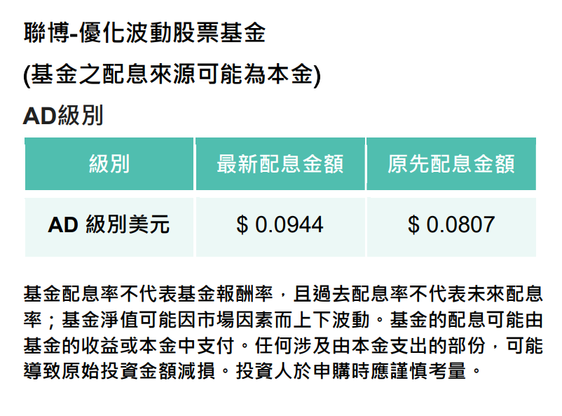 聯博 優化波動股票基金ad月配級別美元 配息調整通知 中租投顧