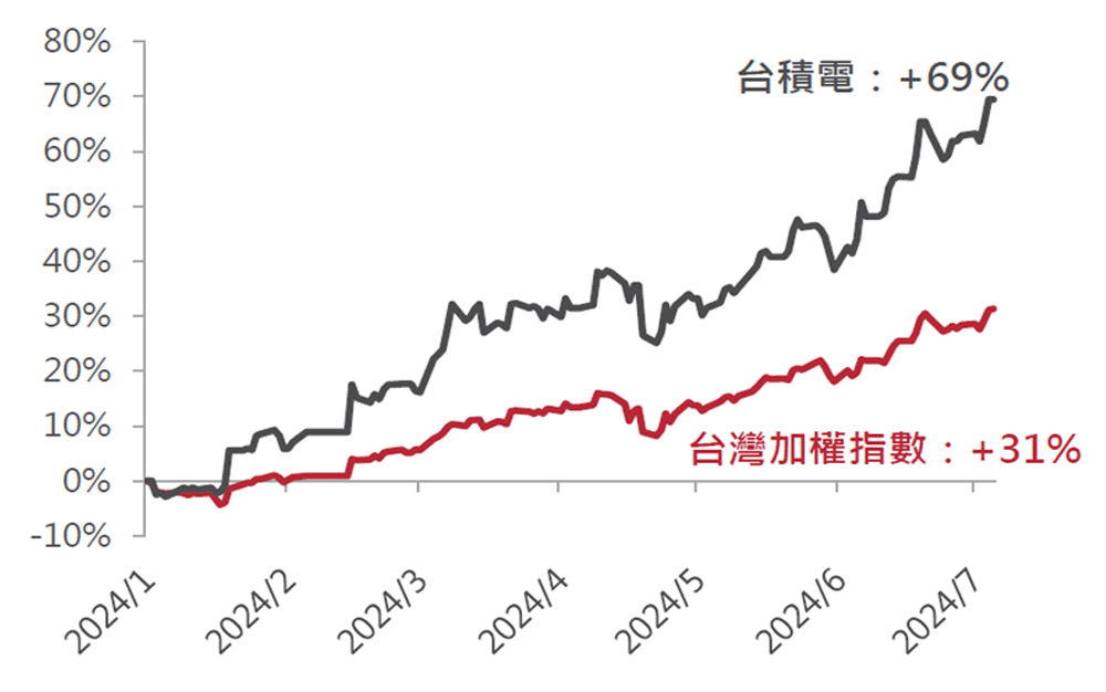 「台灣加權指數」與「台積電」今年以來累積漲幅